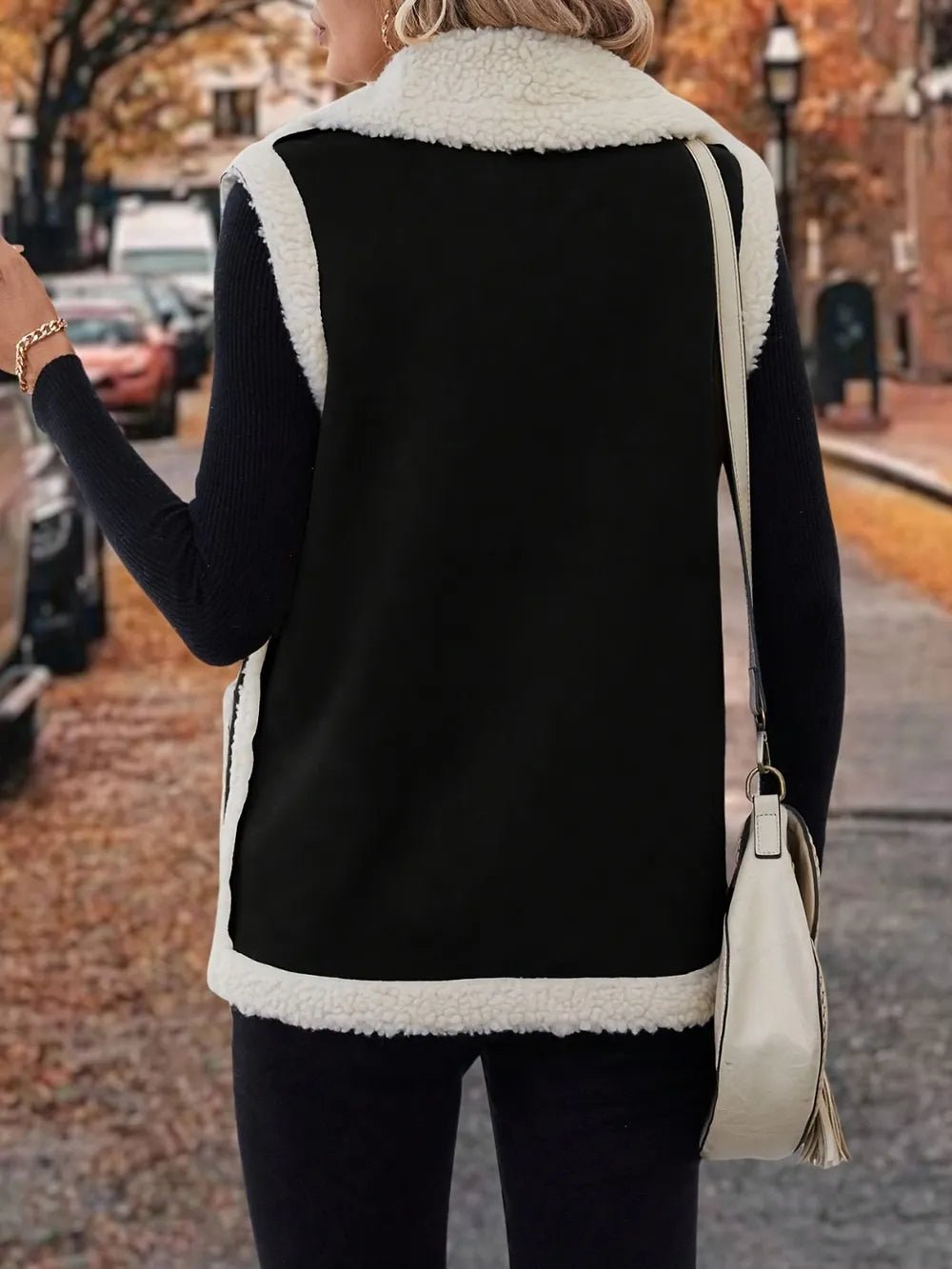 Full Size Contrast Open Front Sherpa Vest Coat - Crowned Energy CO.