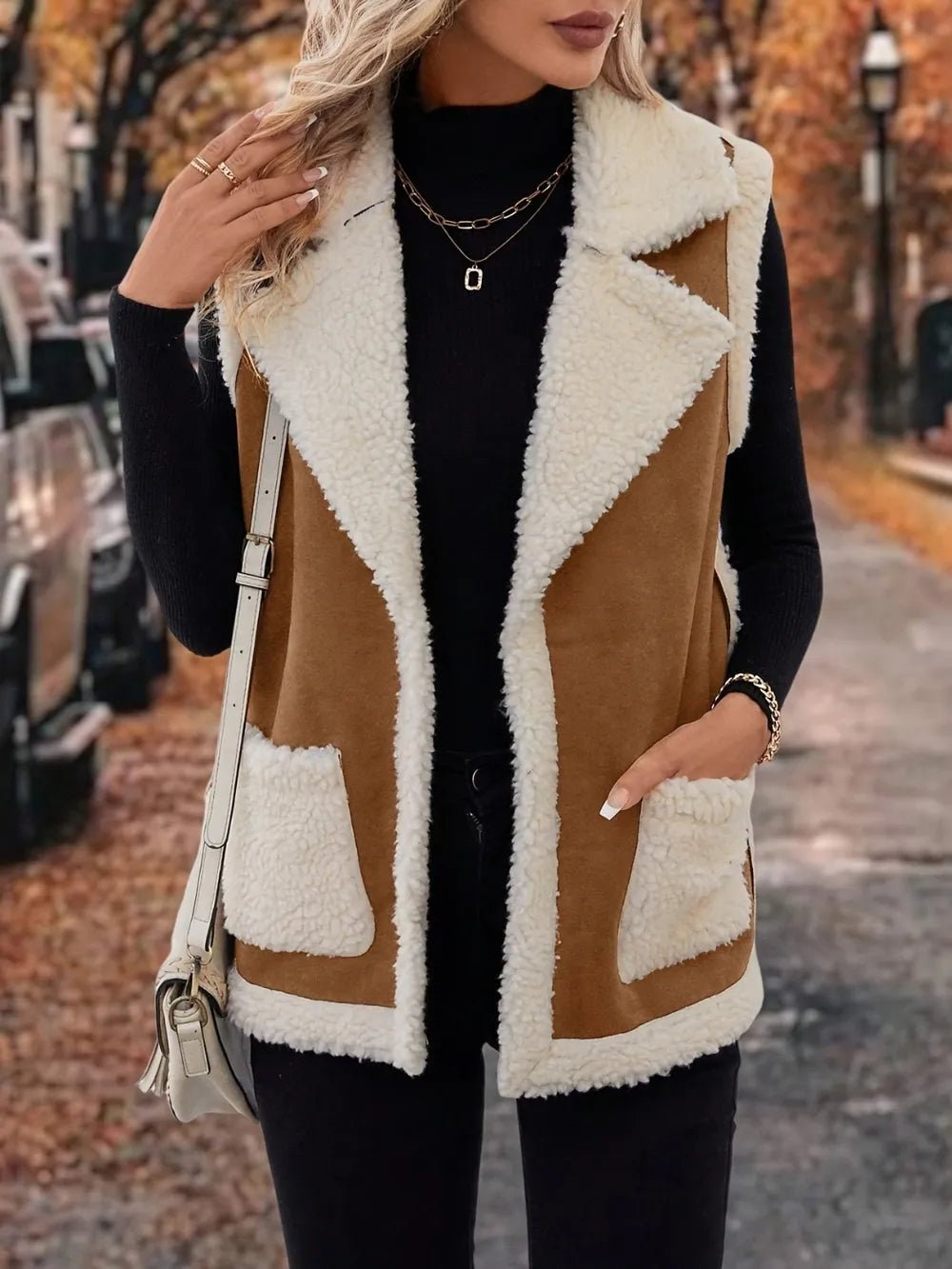 Full Size Contrast Open Front Sherpa Vest Coat - Crowned Energy CO.