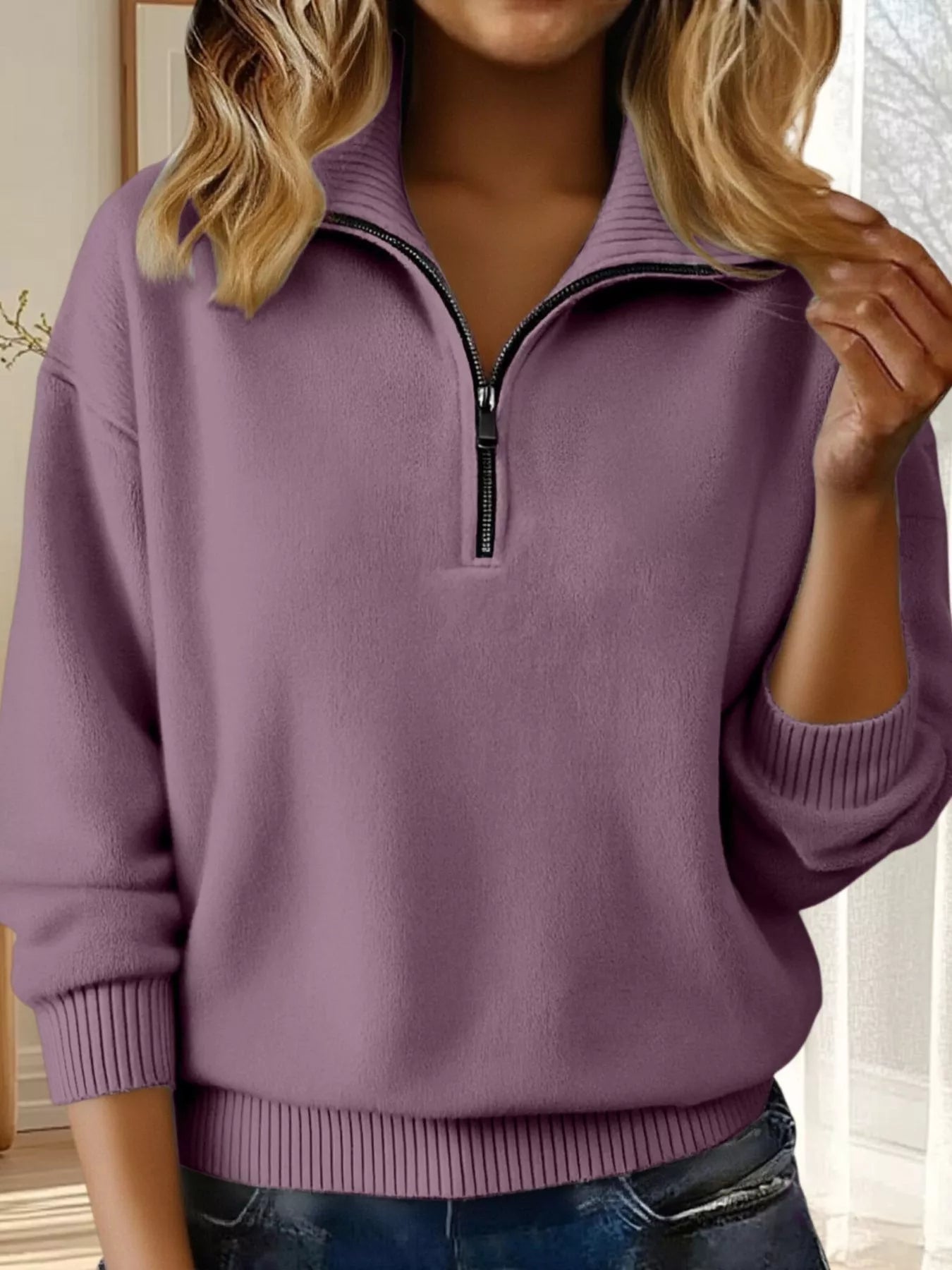 Full Size Half Zip Dropped Shoulder Sweater Plus Size - Crowned Energy CO.