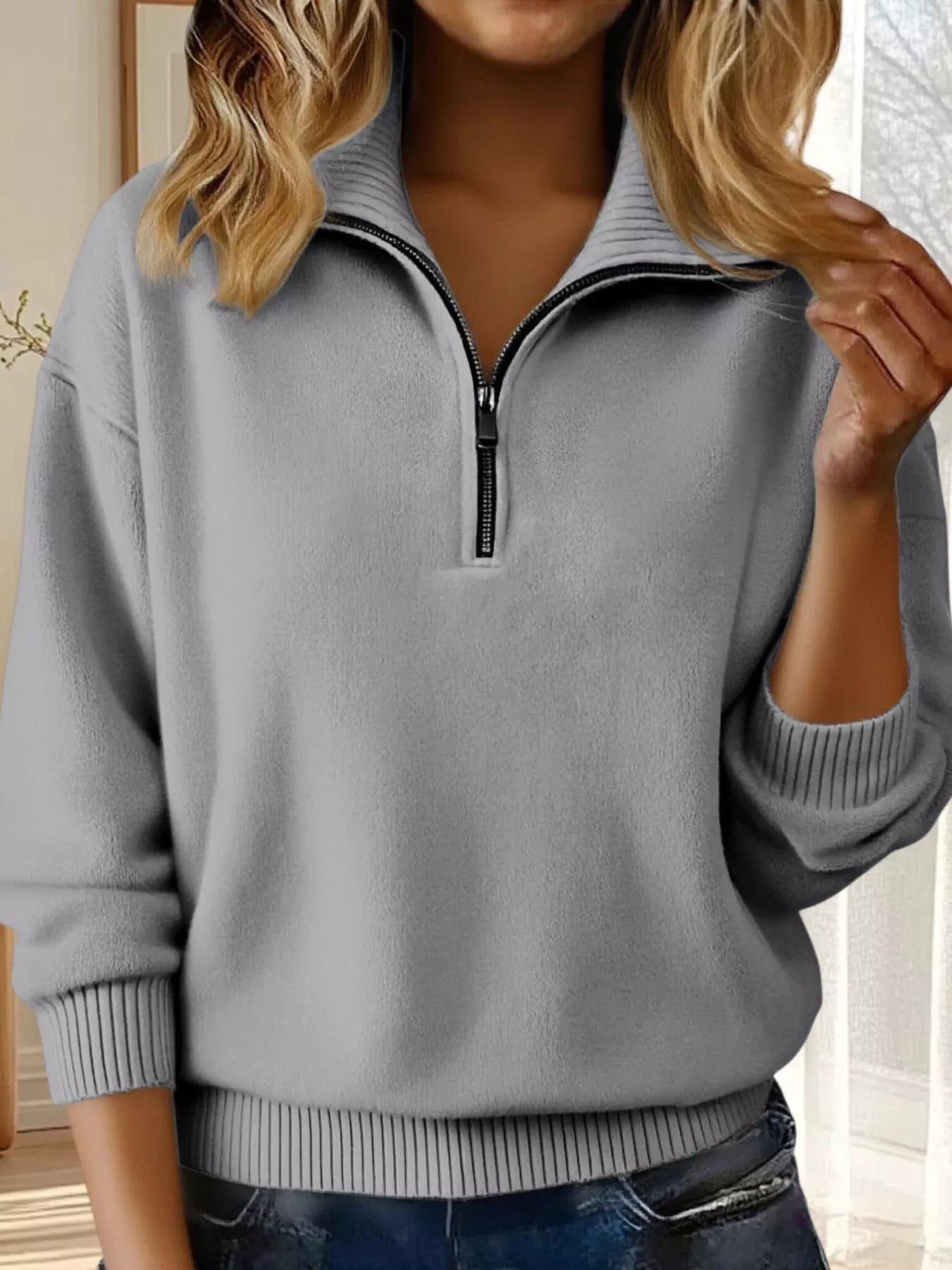 Full Size Half Zip Dropped Shoulder Sweater Plus Size - Crowned Energy CO.