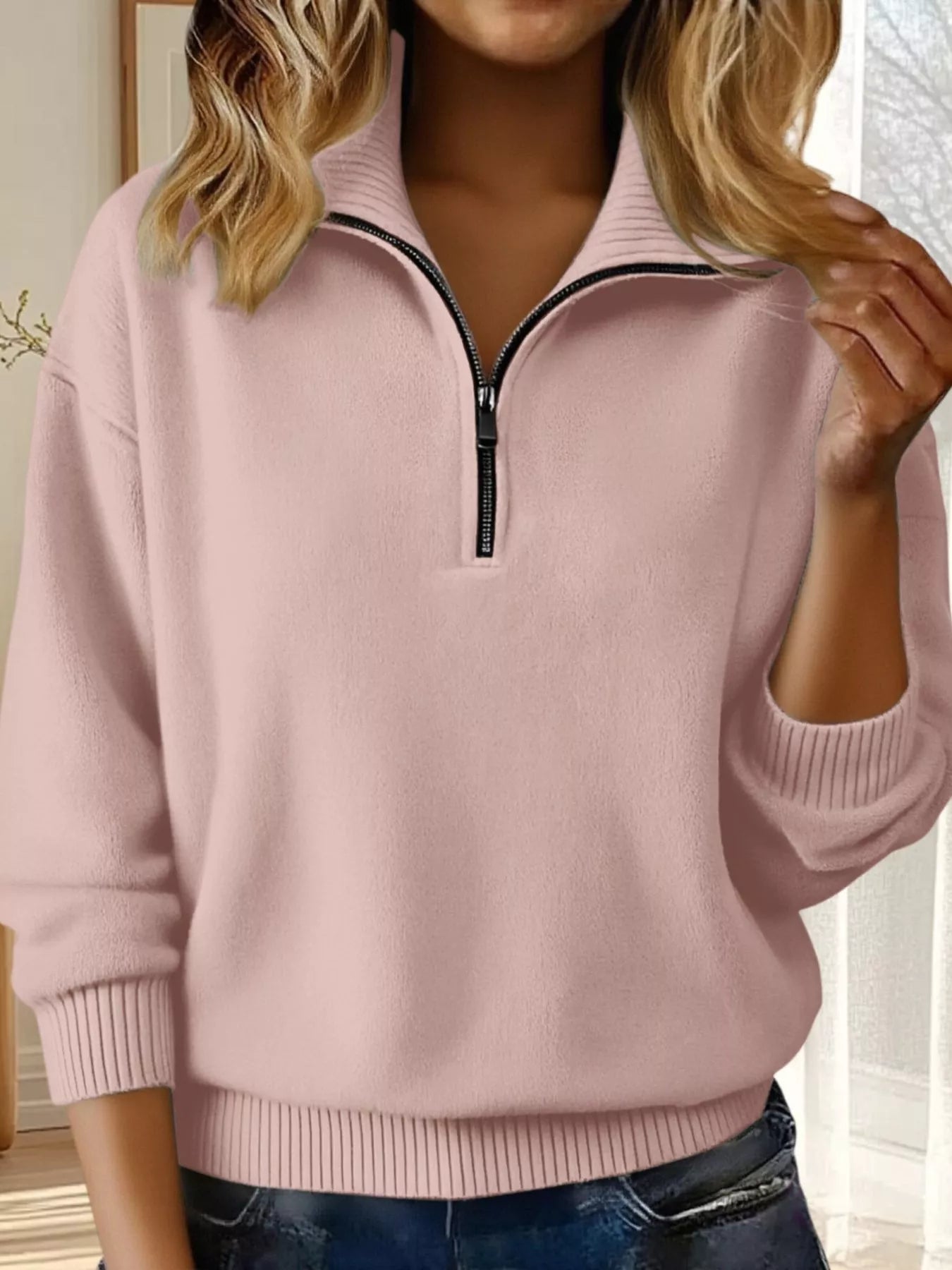Full Size Half Zip Dropped Shoulder Sweater Plus Size - Crowned Energy CO.