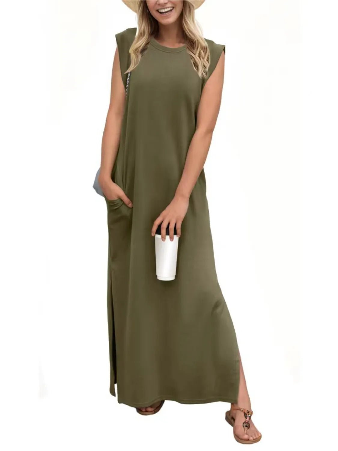 Crowned Energy CO. Black / S Trendsi Dresses Full Size Slit Round Neck Sleeveless Maxi Tank Dress Plus Size