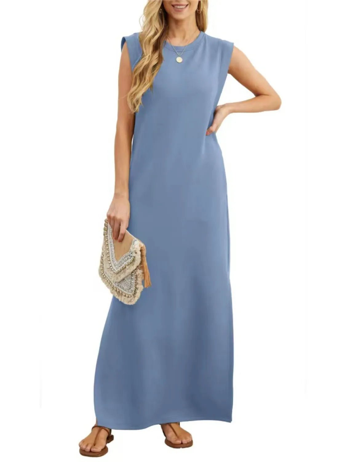Crowned Energy CO. Black / S Trendsi Dresses Full Size Slit Round Neck Sleeveless Maxi Tank Dress Plus Size