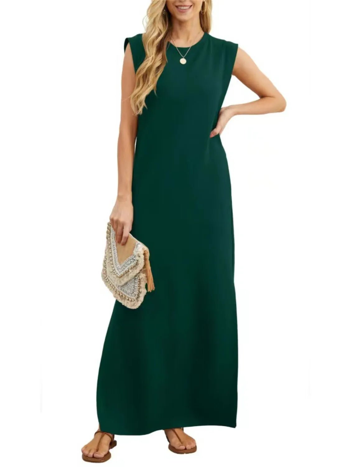 Crowned Energy CO. Black / S Trendsi Dresses Full Size Slit Round Neck Sleeveless Maxi Tank Dress Plus Size