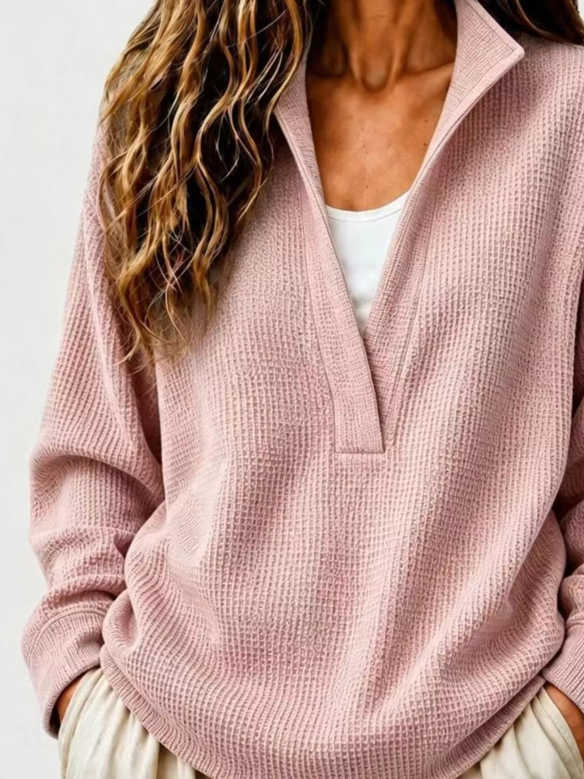Full Size Waffle Knit Dropped Shoulder Sweatshirt Plus Size - Crowned Energy CO.