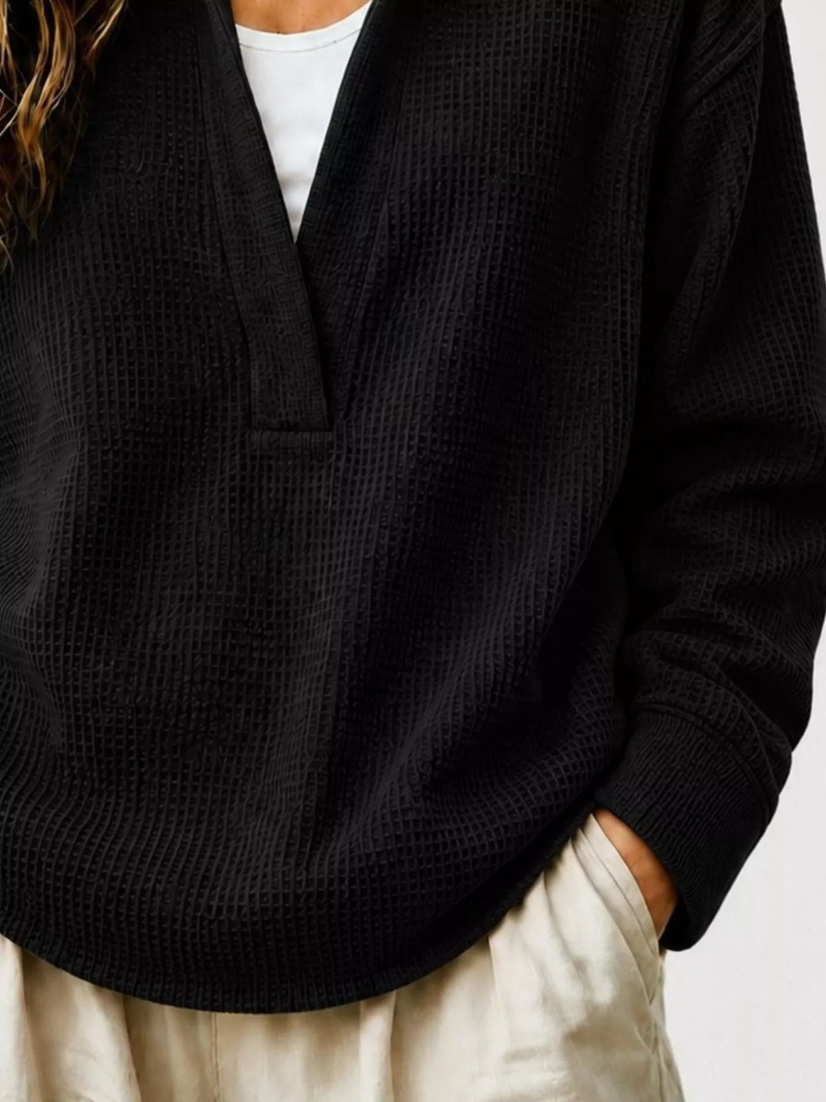 Full Size Waffle Knit Dropped Shoulder Sweatshirt Plus Size - Crowned Energy CO.