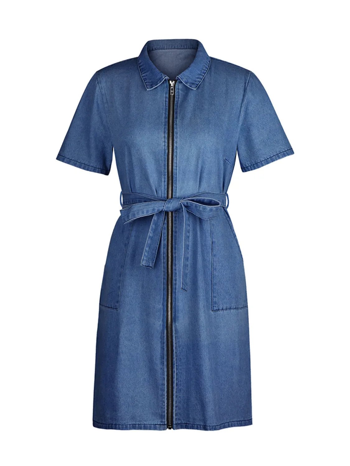Full Size Zip Front Short Sleeve Denim Dress Plus Size - Crowned Energy CO.
