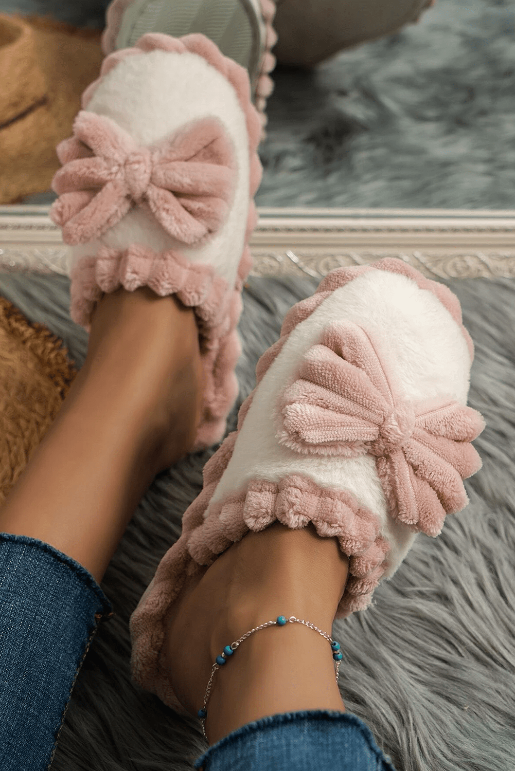 Fushia Bow Decor Color Block Ribbed Plush Slippers - Crowned Energy CO.