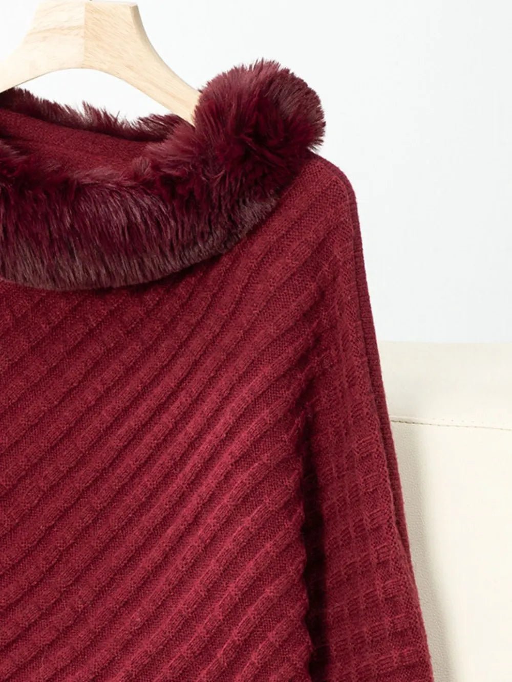 Fuzzy Trim Texture Three - Quarter Sleeve Poncho - Crowned Energy CO.