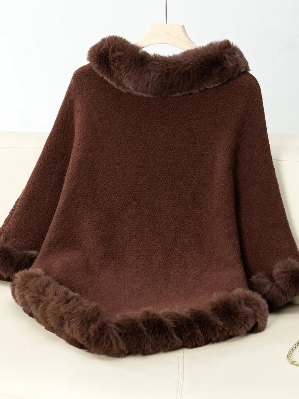 Fuzzy Trim Texture Three - Quarter Sleeve Poncho - Crowned Energy CO.