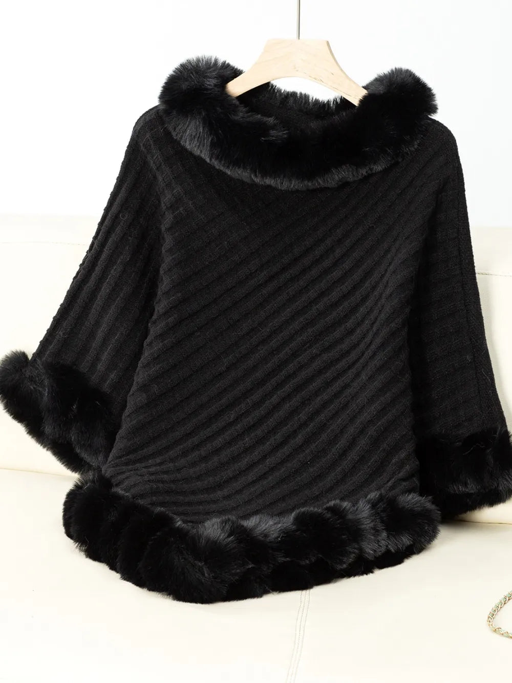 Fuzzy Trim Texture Three - Quarter Sleeve Poncho - Crowned Energy CO.
