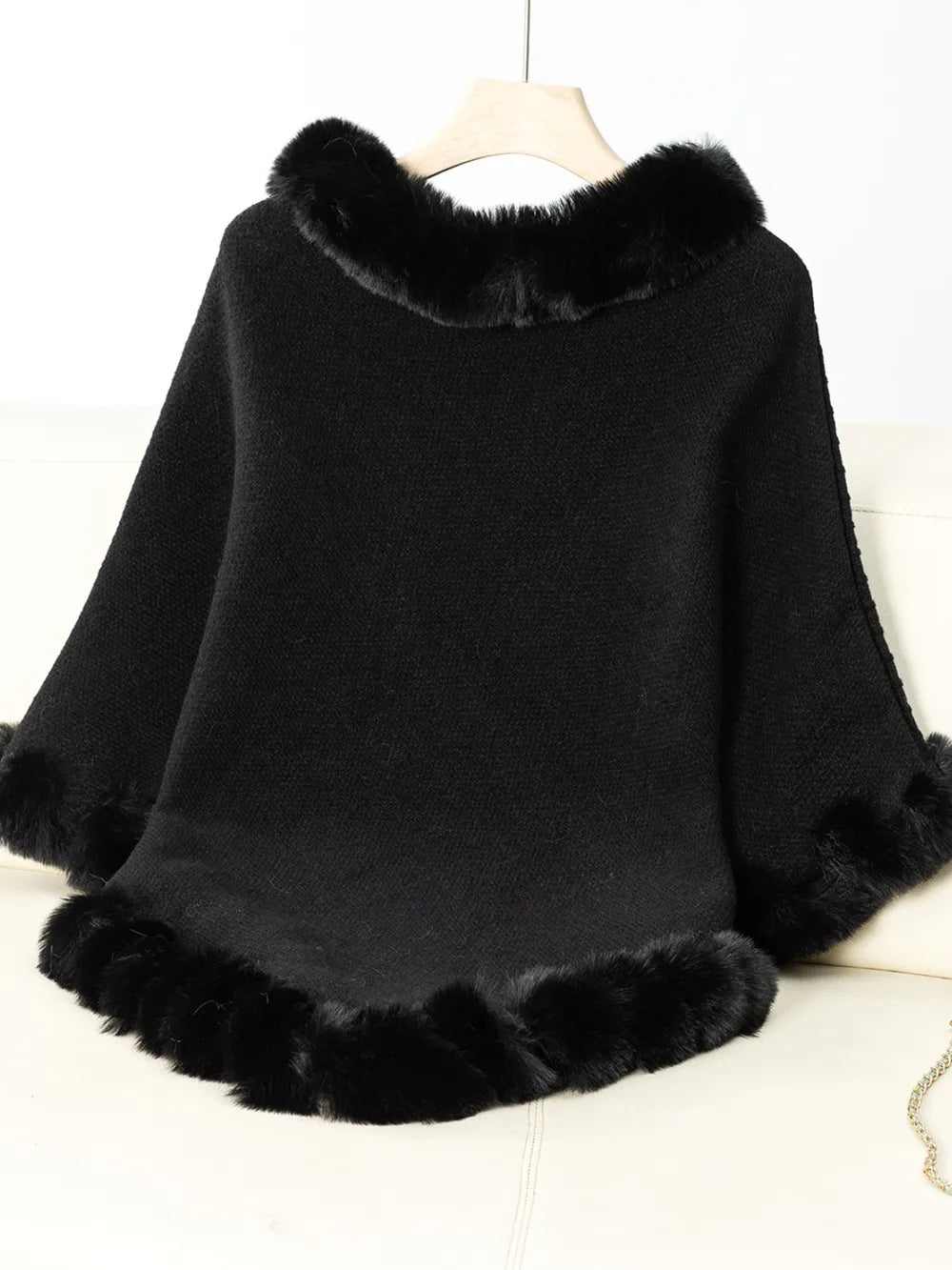 Fuzzy Trim Texture Three - Quarter Sleeve Poncho - Crowned Energy CO.