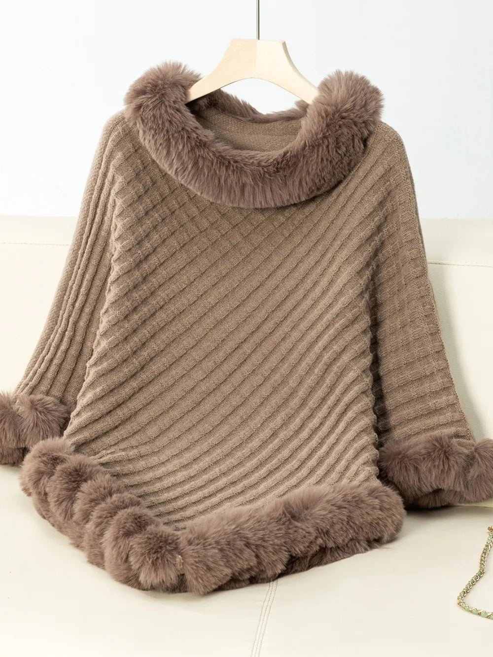 Fuzzy Trim Texture Three - Quarter Sleeve Poncho - Crowned Energy CO.