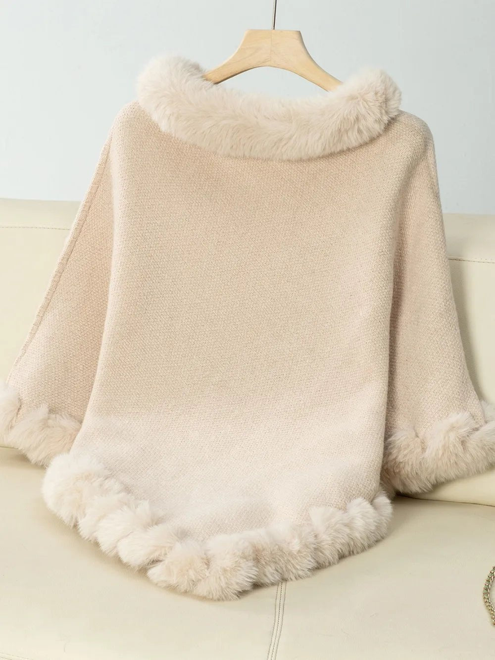 Fuzzy Trim Texture Three - Quarter Sleeve Poncho - Crowned Energy CO.