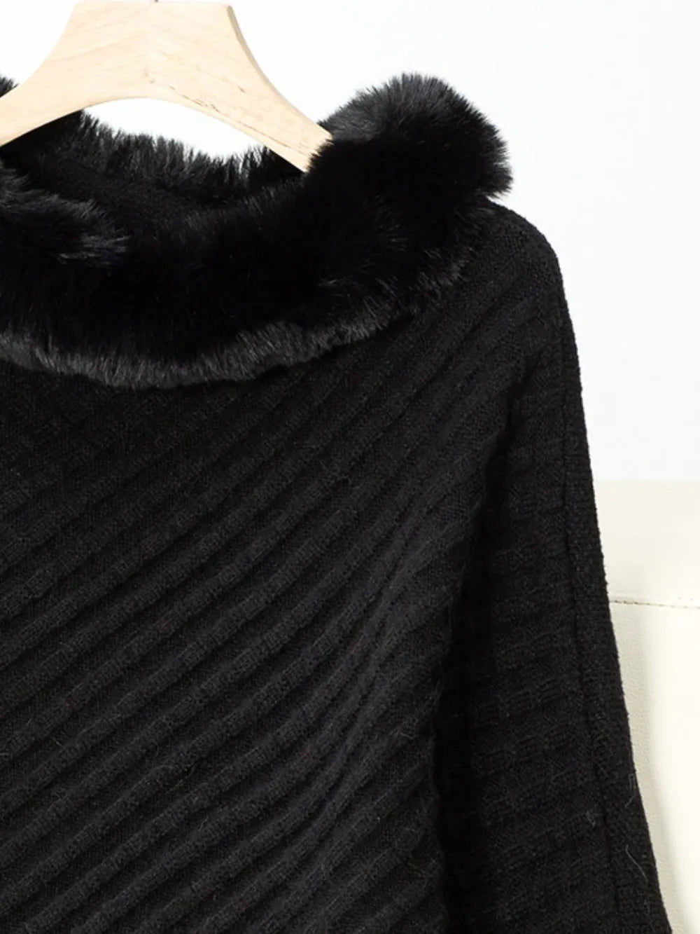 Fuzzy Trim Texture Three - Quarter Sleeve Poncho - Crowned Energy CO.
