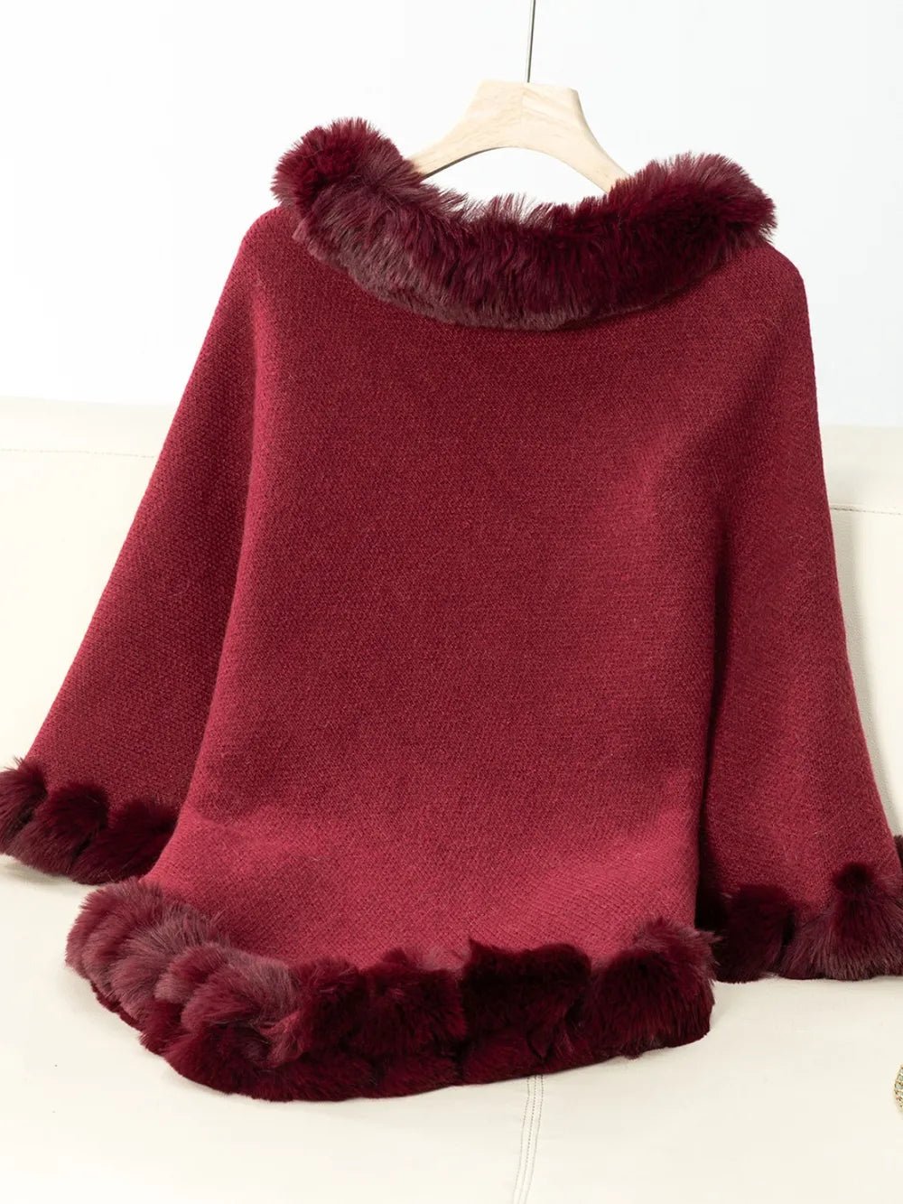 Fuzzy Trim Texture Three - Quarter Sleeve Poncho - Crowned Energy CO.