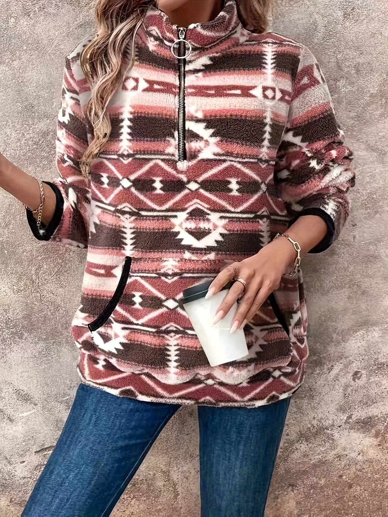 Geometric Half Zip Long Sleeve Sweatshirt - Crowned Energy CO.