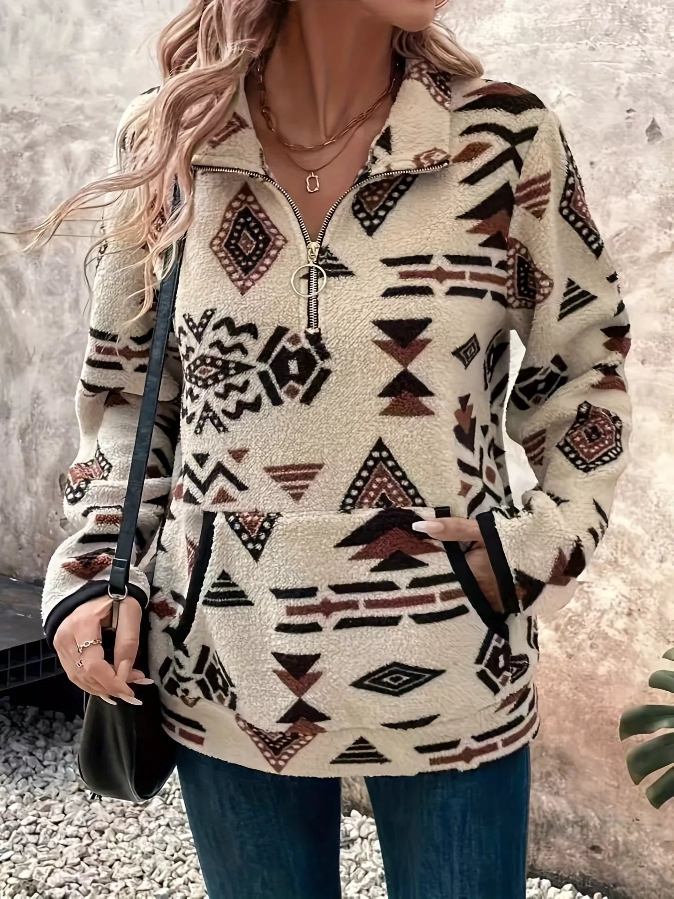 Geometric Half Zip Long Sleeve Sweatshirt - Crowned Energy CO.