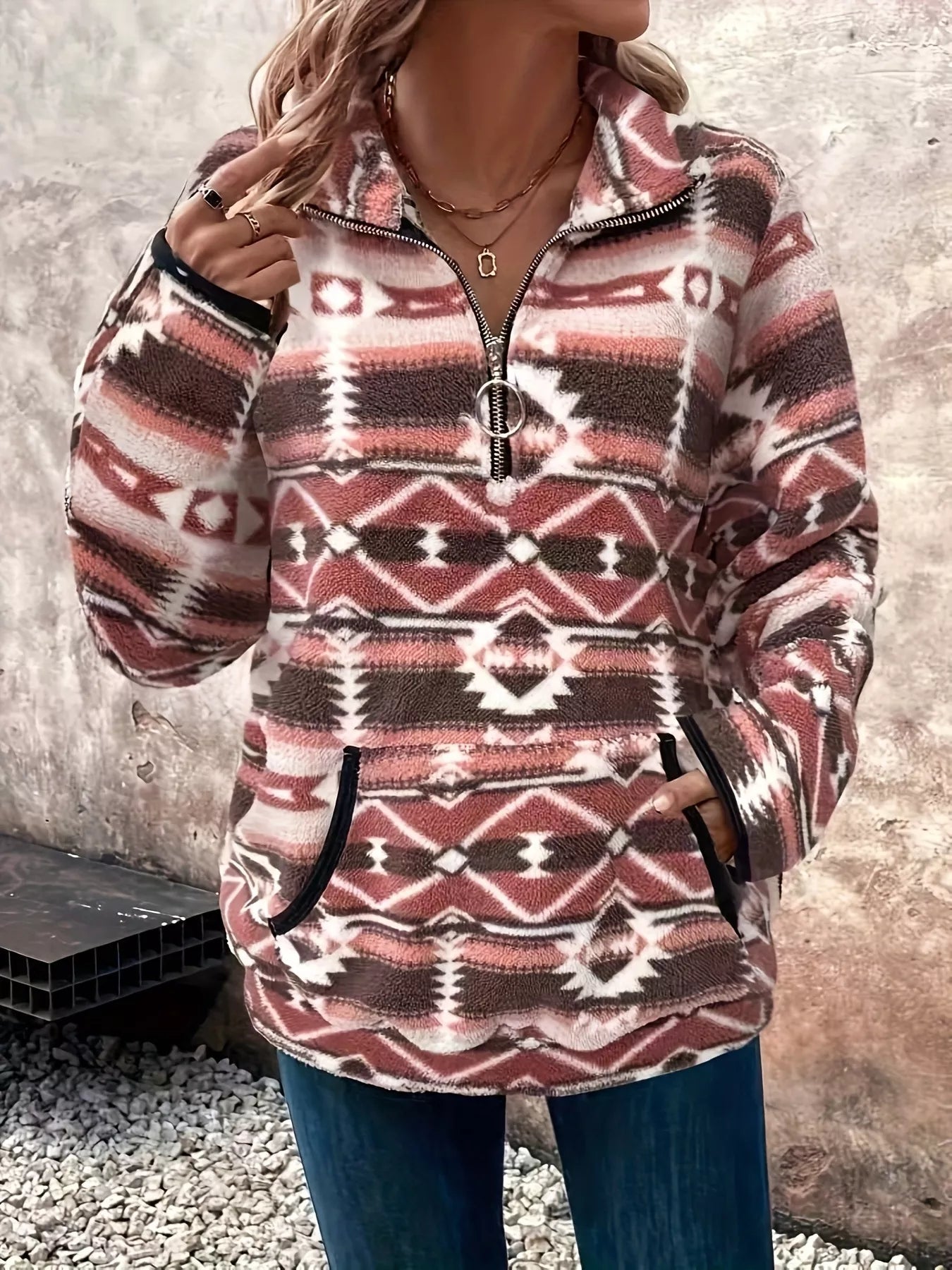 Geometric Half Zip Long Sleeve Sweatshirt - Crowned Energy CO.