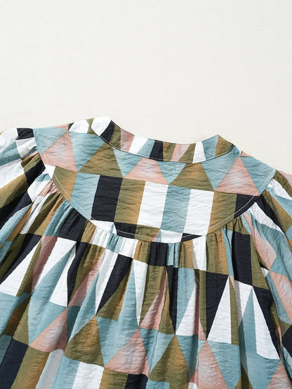 Geometric Print Buttoned Balloon Sleeve Loose Fit Shirt - Goddess Vibes