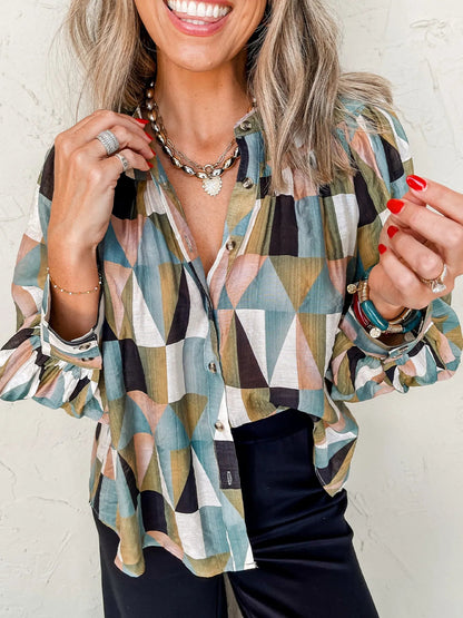 Geometric Print Buttoned Balloon Sleeve Loose Fit Shirt - Goddess Vibes