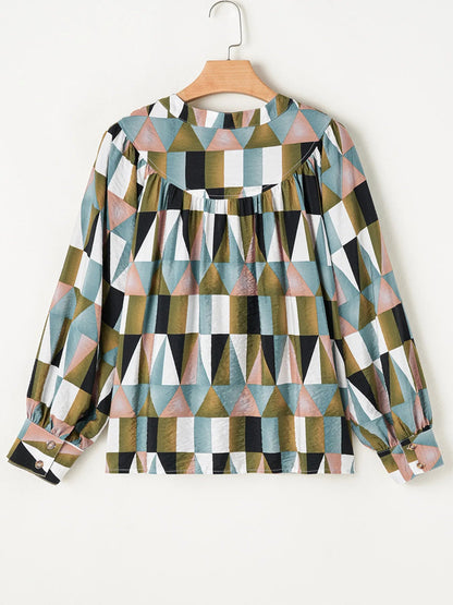 Geometric Print Buttoned Balloon Sleeve Loose Fit Shirt - Goddess Vibes
