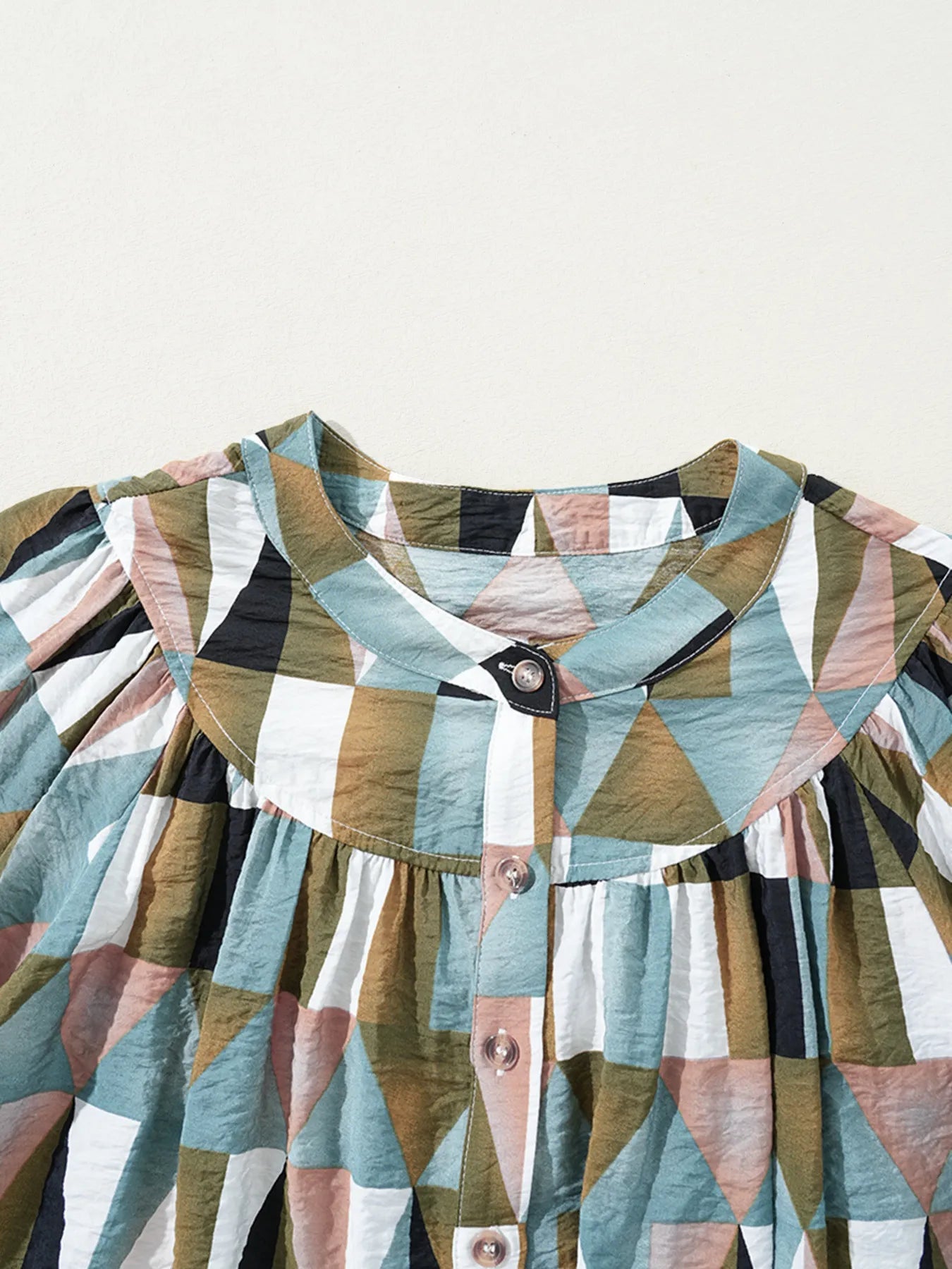 Geometric Print Buttoned Balloon Sleeve Loose Fit Shirt - Goddess Vibes