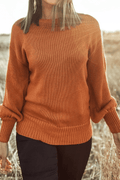 Gold Flame Solid Color Ribbed Trim Drop Shoulder Sweater - Crowned Energy CO.