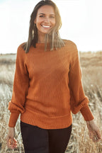 Gold Flame Solid Color Ribbed Trim Drop Shoulder Sweater - Crowned Energy CO.