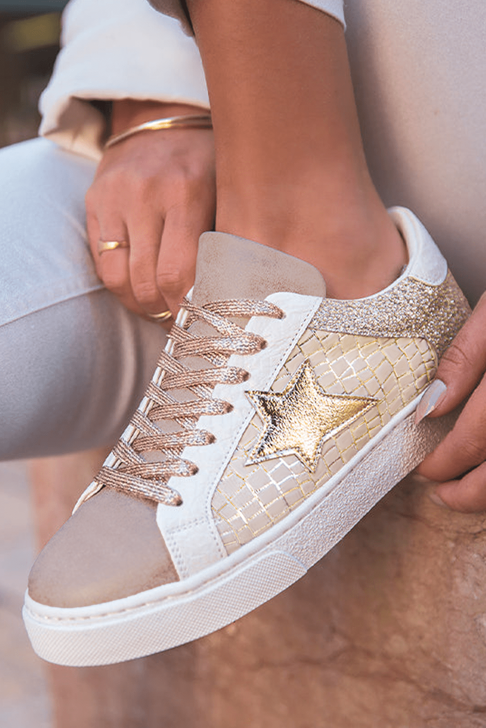 Gold Glitter Star Patchwork PU Leather Lace - up Sneakers - Goddess Vibes