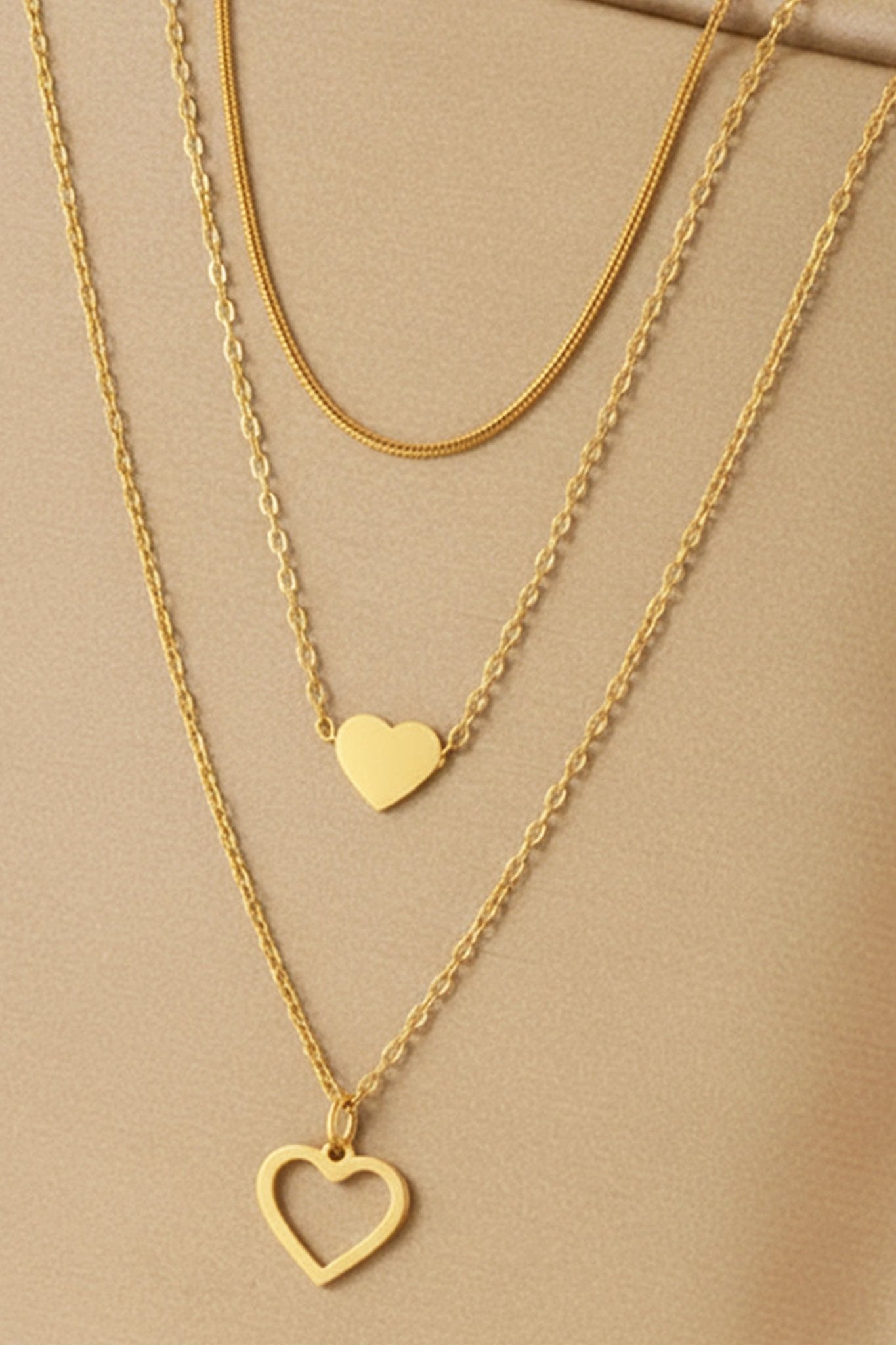 Gold Plated Triple Layered Heart Necklace Set - Crowned Energy CO.