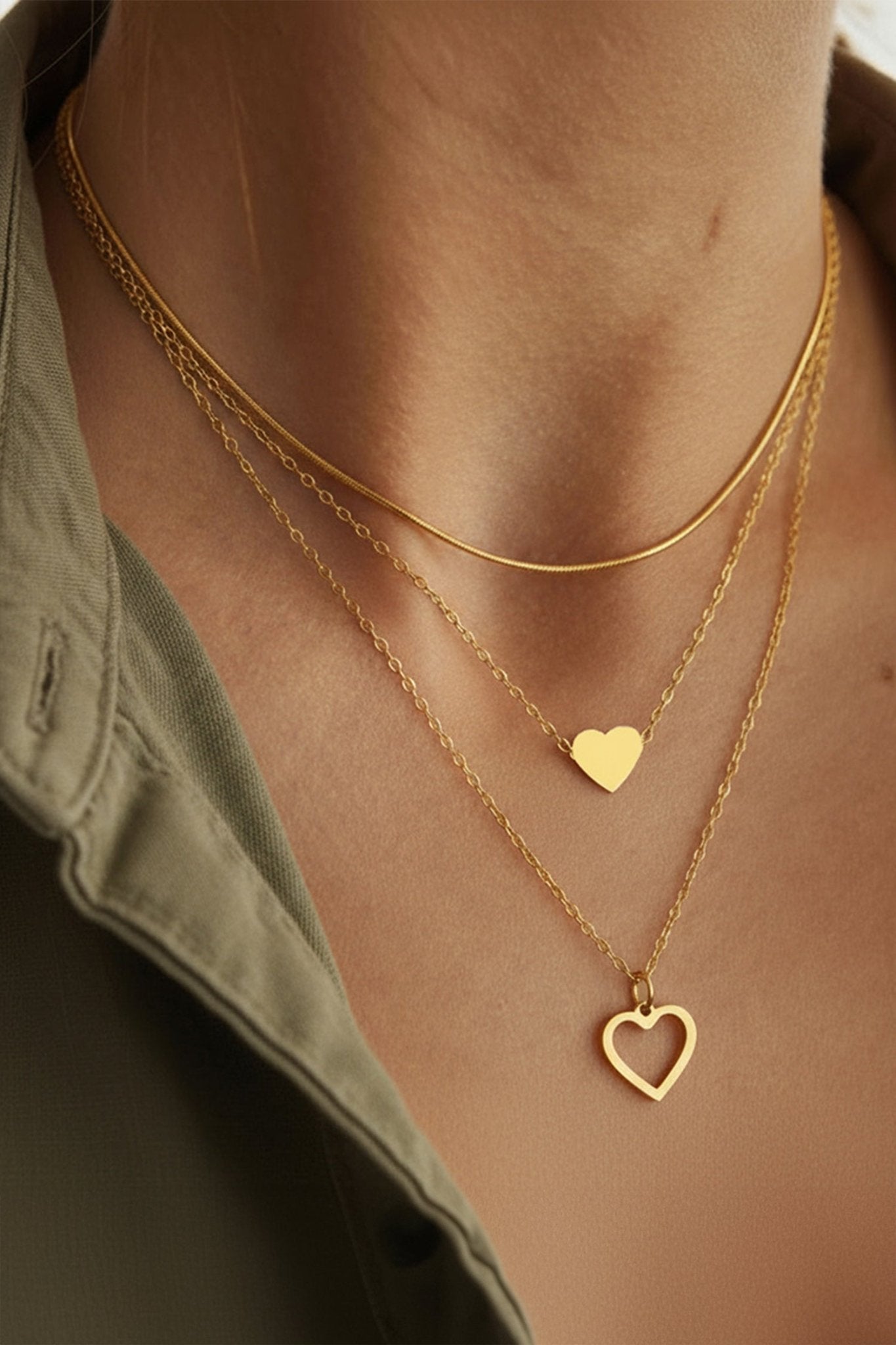 Gold Plated Triple Layered Heart Necklace Set - Crowned Energy CO.
