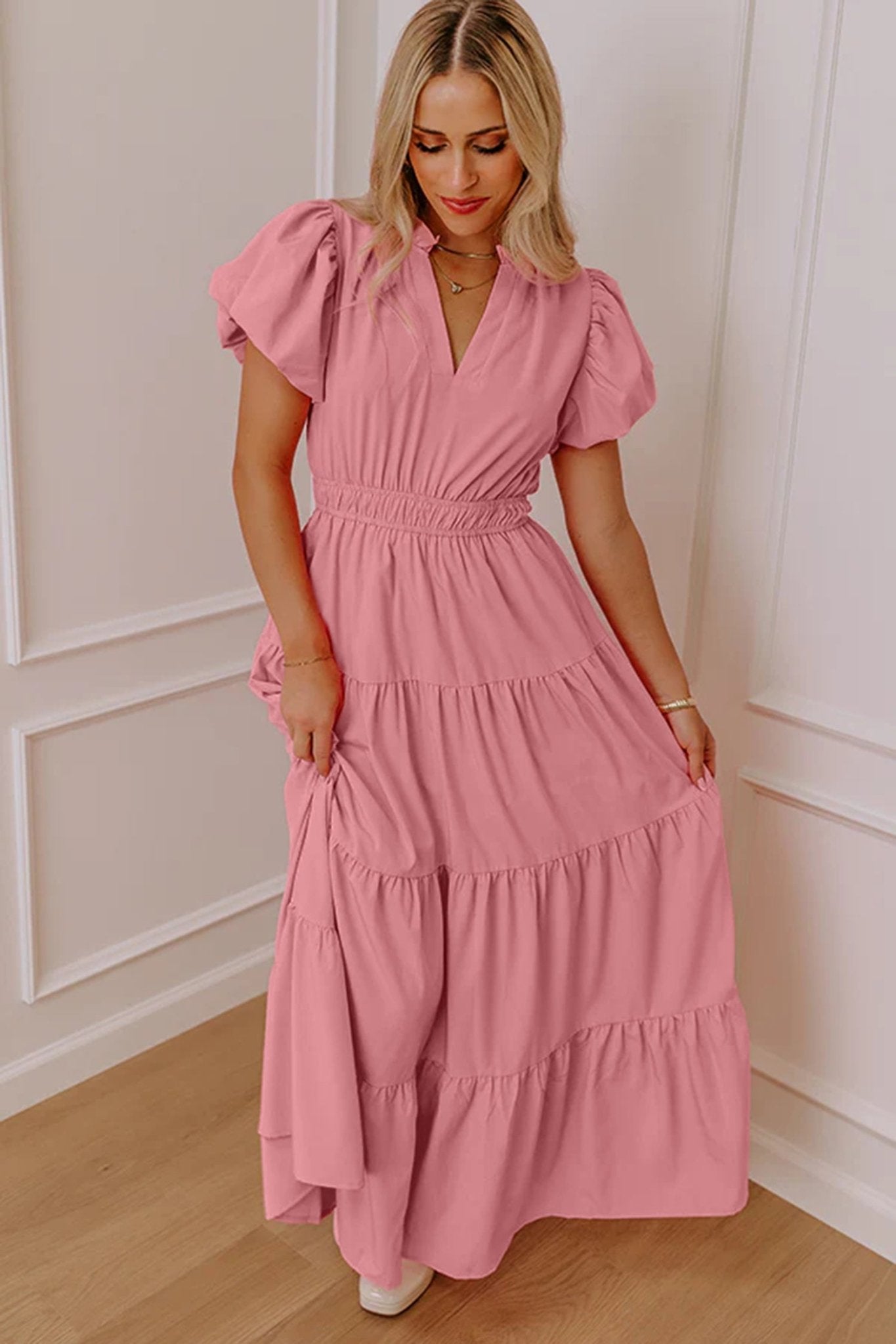Gossamer Pink Solid Color V Neck Short Puff Sleeve High Waist Tiered Maxi Dress - Crowned Energy CO.