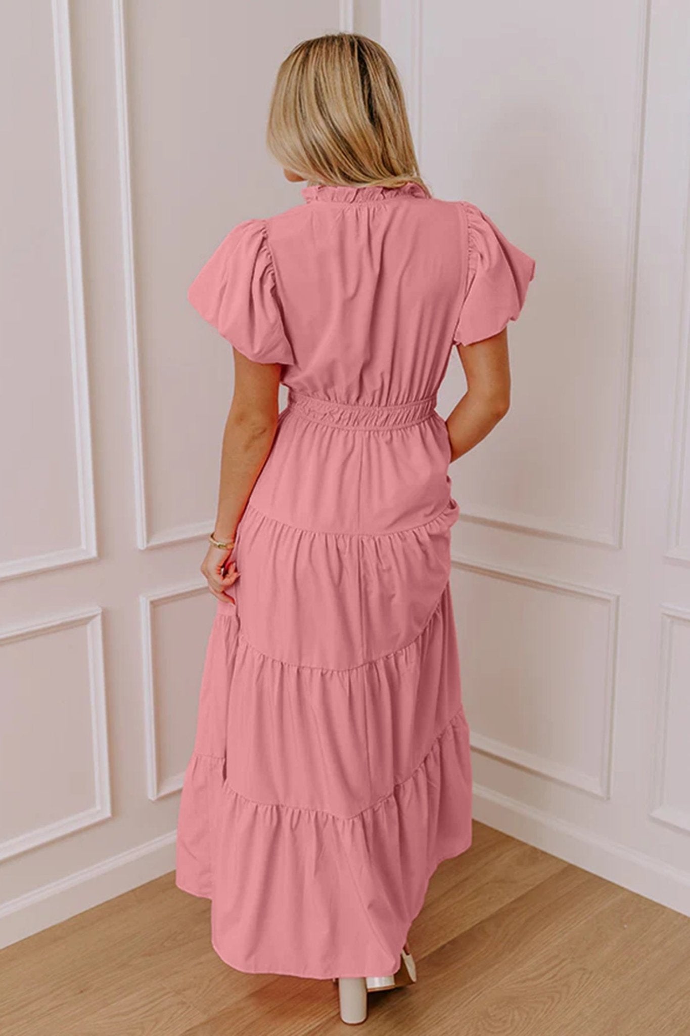 Gossamer Pink Solid Color V Neck Short Puff Sleeve High Waist Tiered Maxi Dress - Crowned Energy CO.