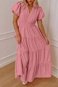 Gossamer Pink Solid Color V Neck Short Puff Sleeve High Waist Tiered Maxi Dress - Crowned Energy CO.