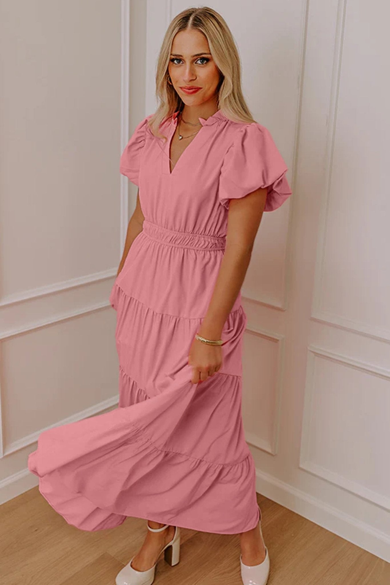 Gossamer Pink Solid Color V Neck Short Puff Sleeve High Waist Tiered Maxi Dress - Crowned Energy CO.