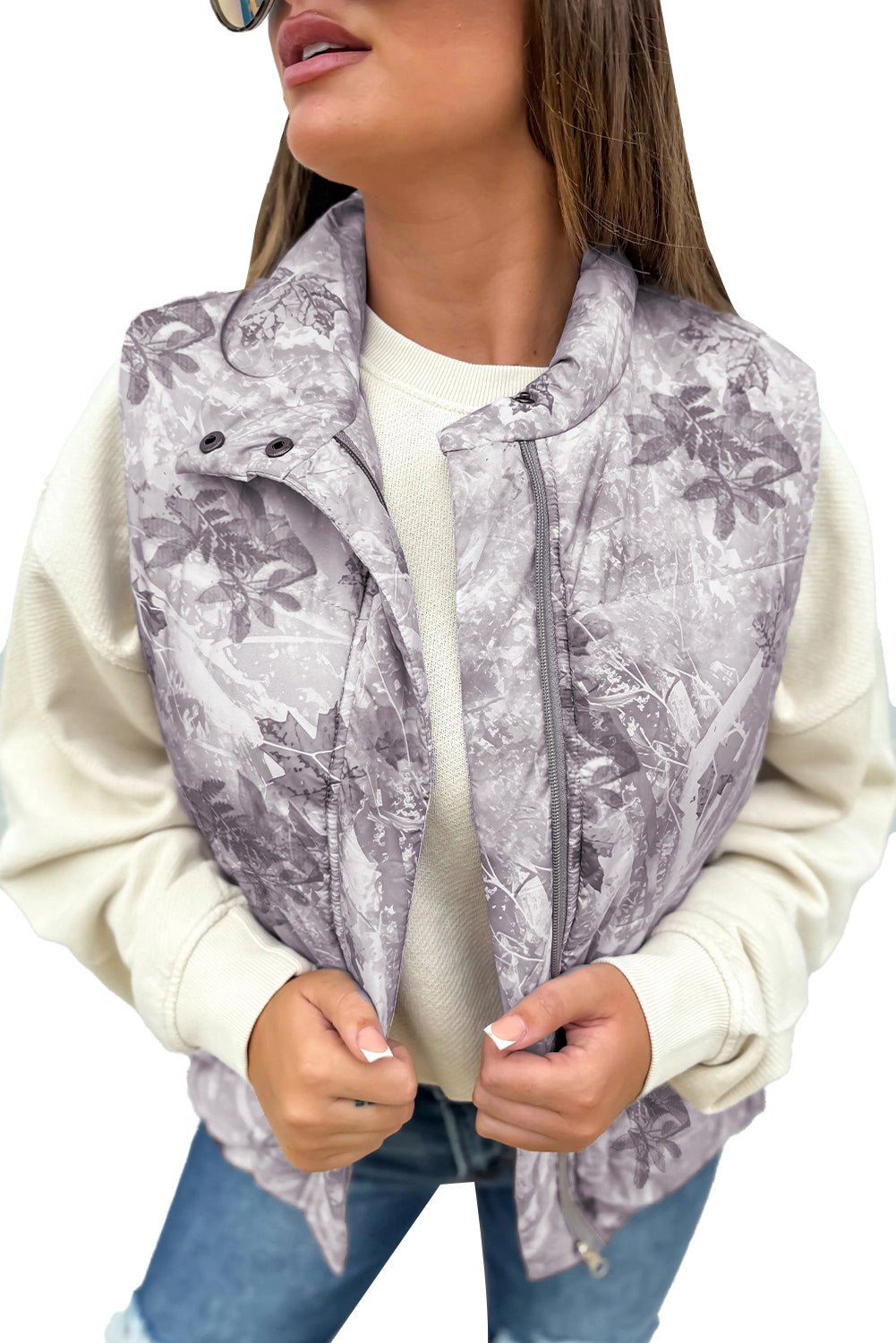 Gray Camo Leaf Print Winter Puffer Vest - Crowned Energy CO.