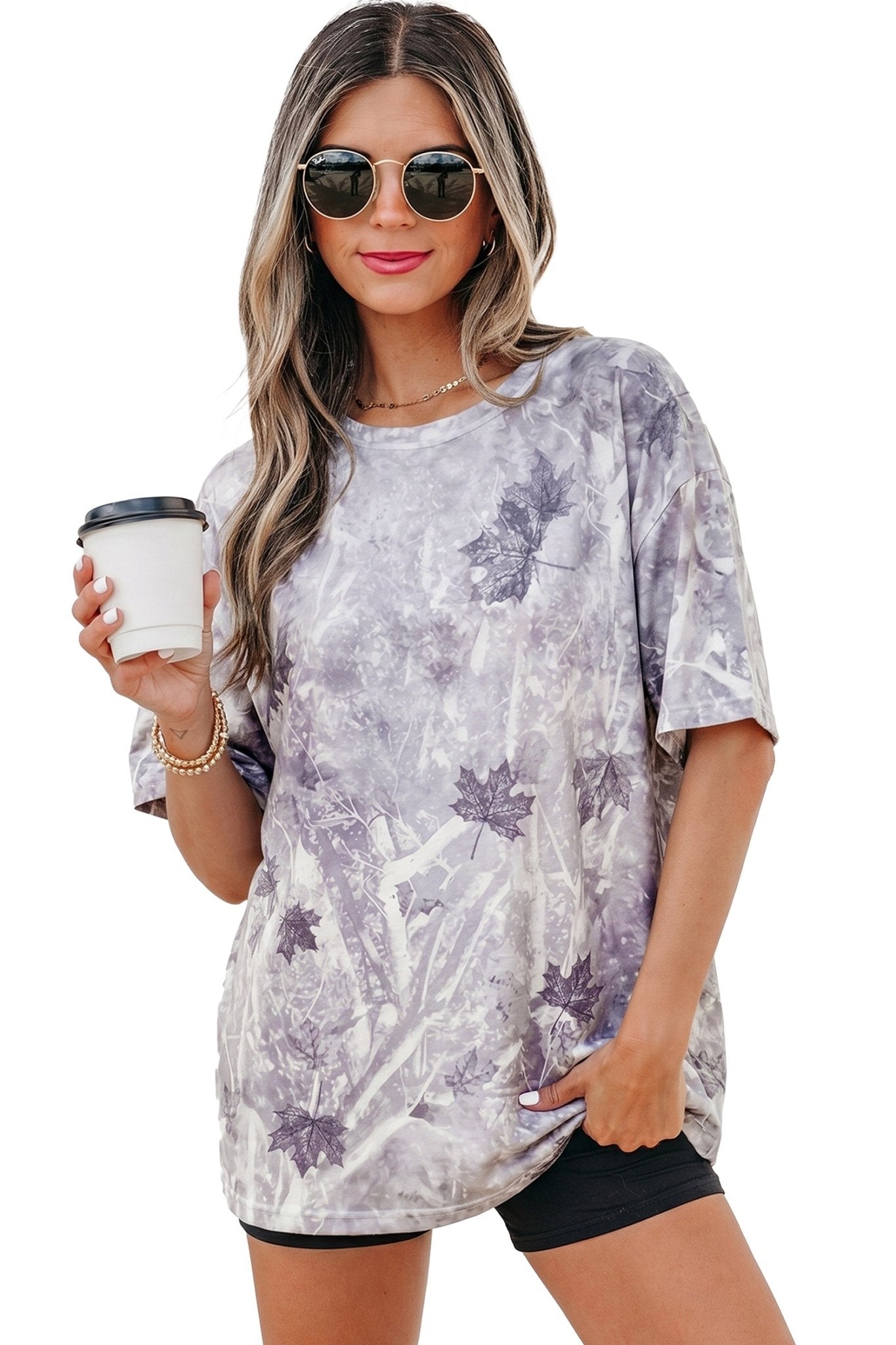 Gray Camouflage Woodland Print Drop Shoulder Tunic Tee - Crowned Energy CO.