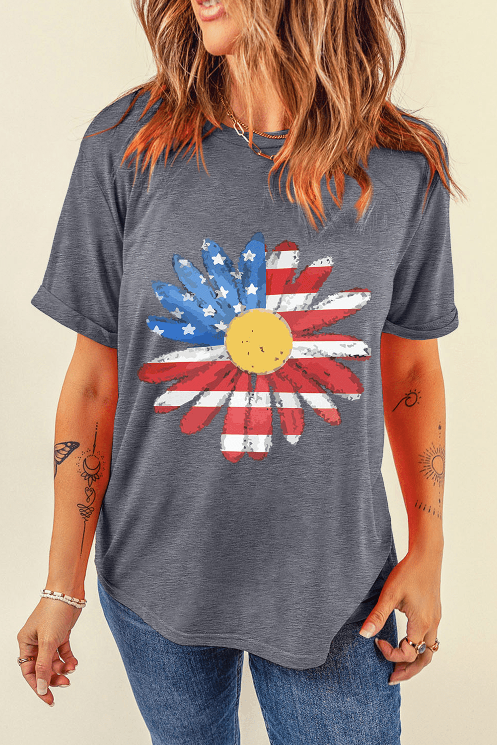 Gray Flag Pattern Sunflower Graphic Crew Neck Tee - Crowned Energy CO.