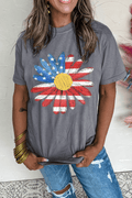 Gray Flag Pattern Sunflower Graphic Crew Neck Tee - Crowned Energy CO.