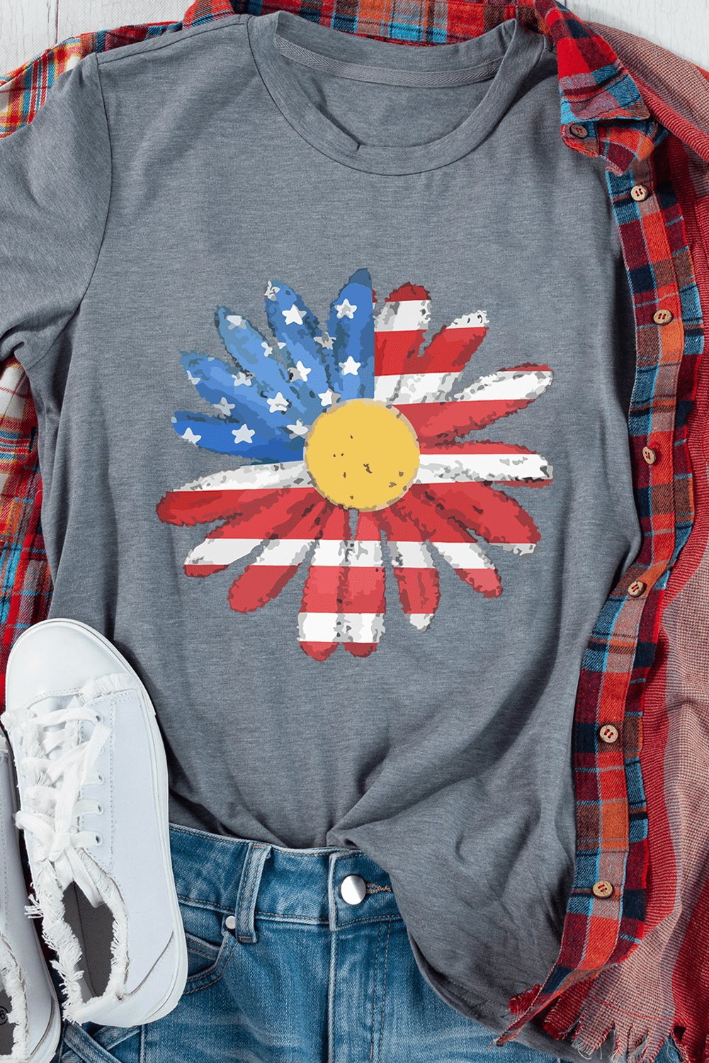 Gray Flag Pattern Sunflower Graphic Crew Neck Tee - Crowned Energy CO.