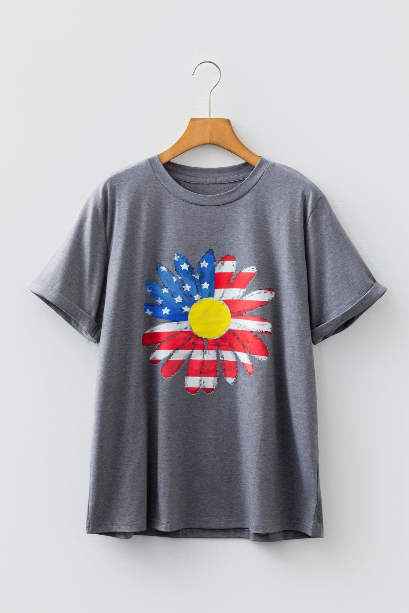 Gray Flag Pattern Sunflower Graphic Crew Neck Tee - Crowned Energy CO.