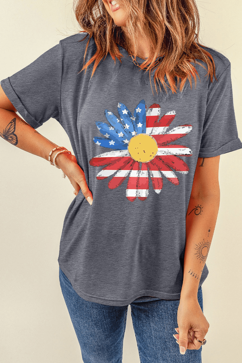 Gray Flag Pattern Sunflower Graphic Crew Neck Tee - Crowned Energy CO.
