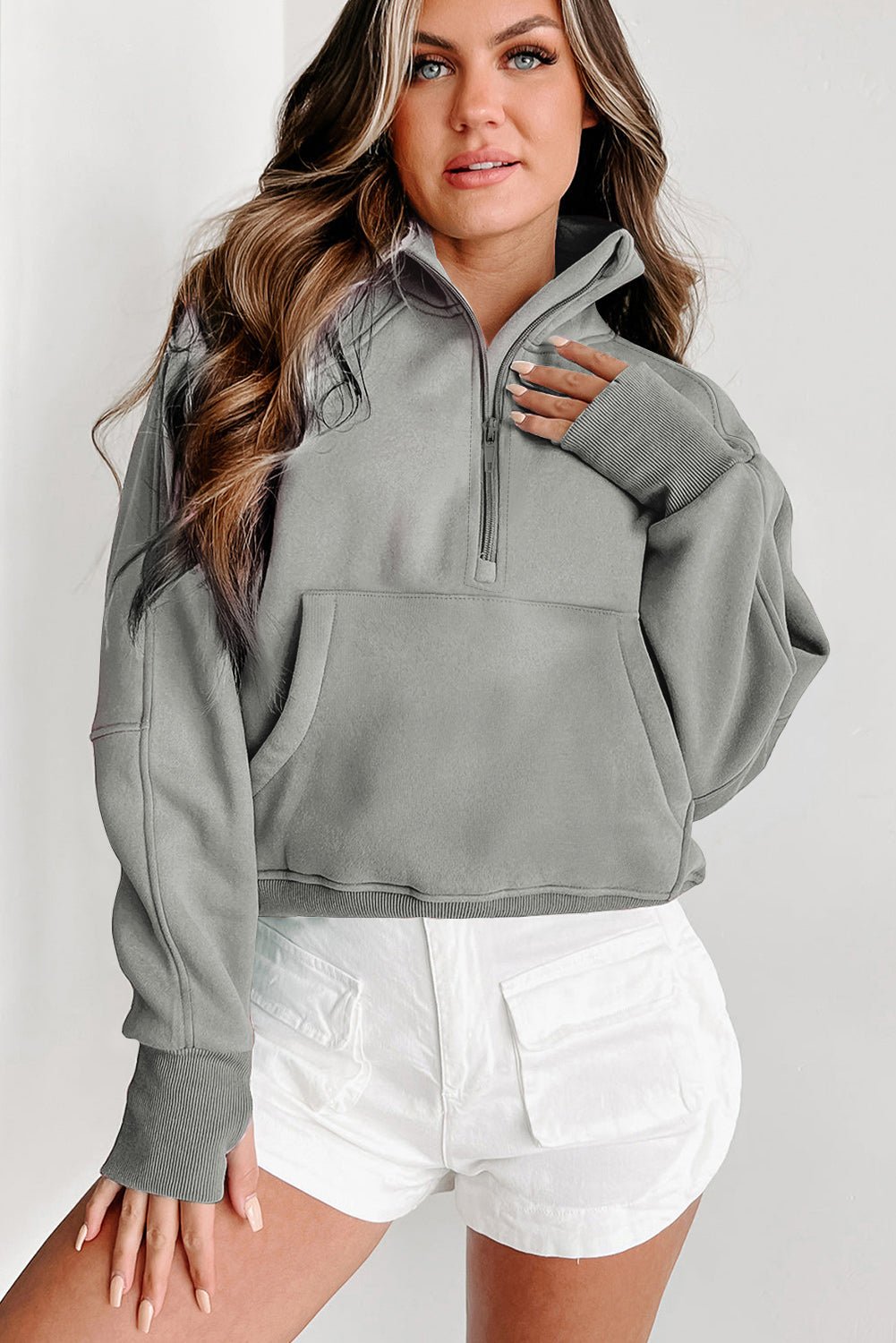 Gray Fleece Lined Zip Up Stand Collar Thumbhole Sleeve Sweatshirt - Goddess Vibes