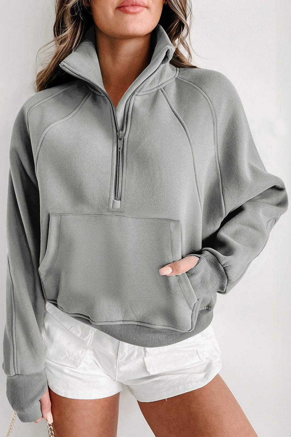 Gray Fleece Lined Zip Up Stand Collar Thumbhole Sleeve Sweatshirt - Goddess Vibes