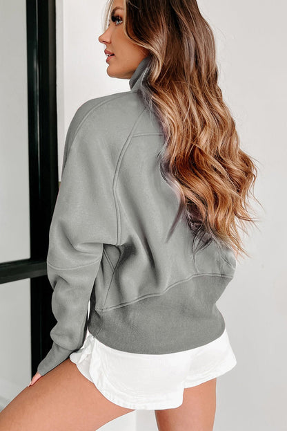 Gray Fleece Lined Zip Up Stand Collar Thumbhole Sleeve Sweatshirt - Goddess Vibes