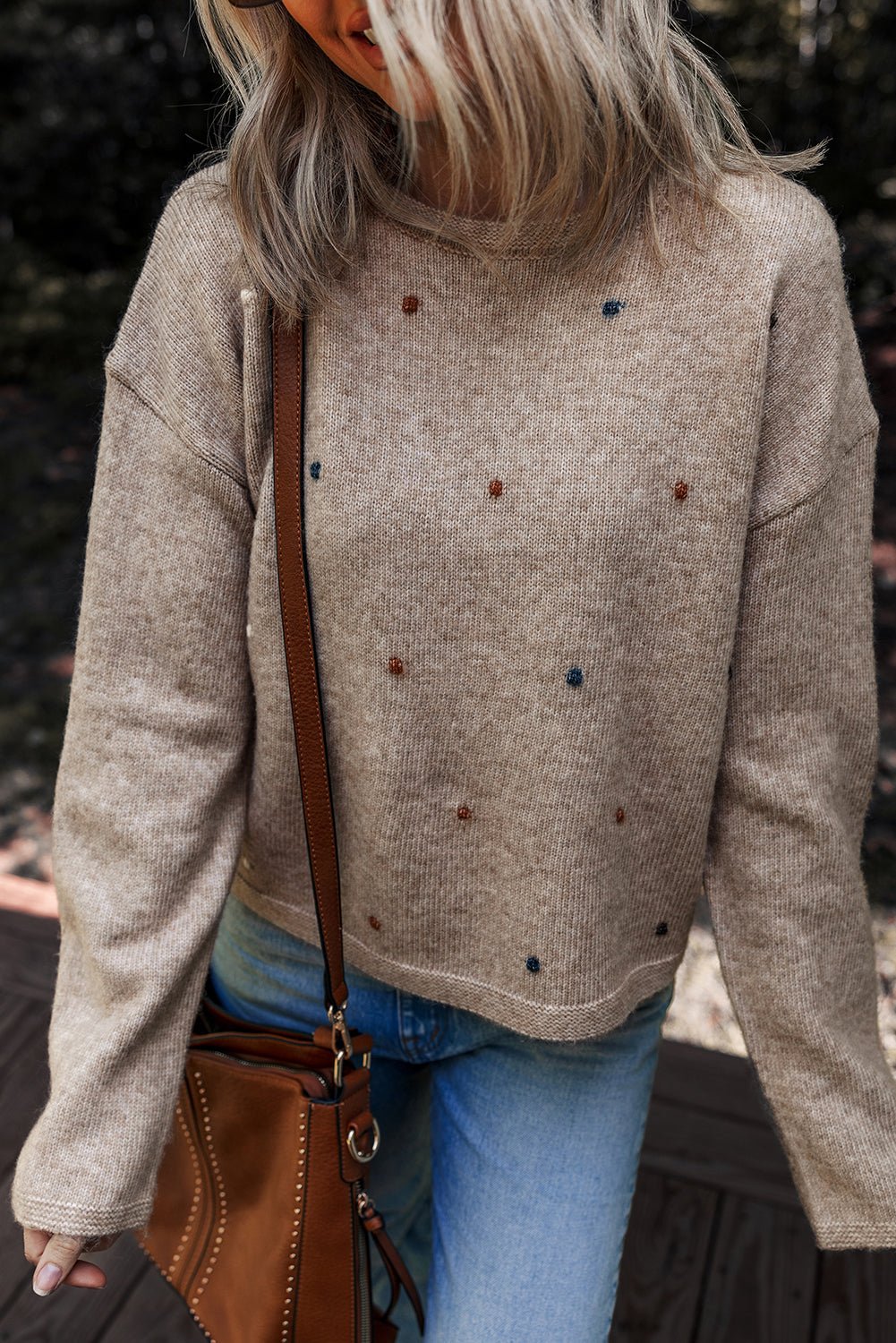 Gray Morn Contrast Colored Dot Detail Drop Shoulder Sweater - Crowned Energy CO.