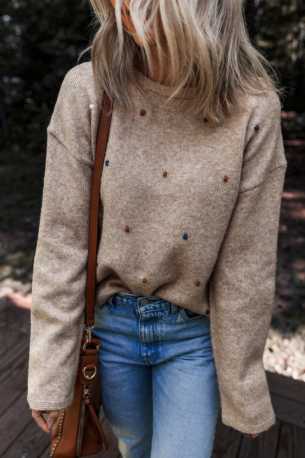 Gray Morn Contrast Colored Dot Detail Drop Shoulder Sweater - Crowned Energy CO.