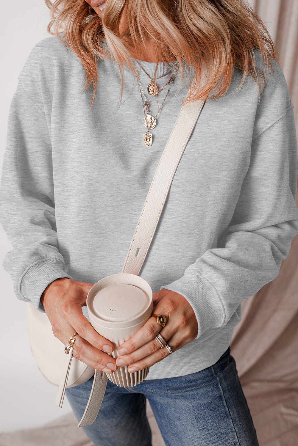 Gray Solid Fleece Lined Drop Shoulder Terry Sweatshirt - Crowned Energy CO.