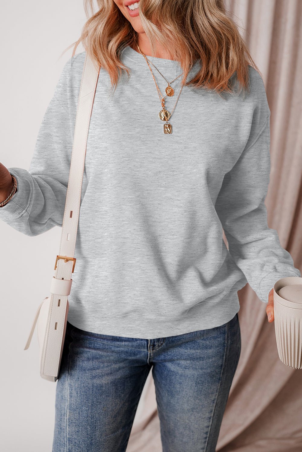Gray Solid Fleece Lined Drop Shoulder Terry Sweatshirt - Crowned Energy CO.
